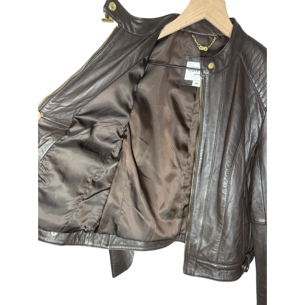 Cole Haan Lambskin Leather Moto Jacket Brown Gold Hardware Small - Picture 4 of 13